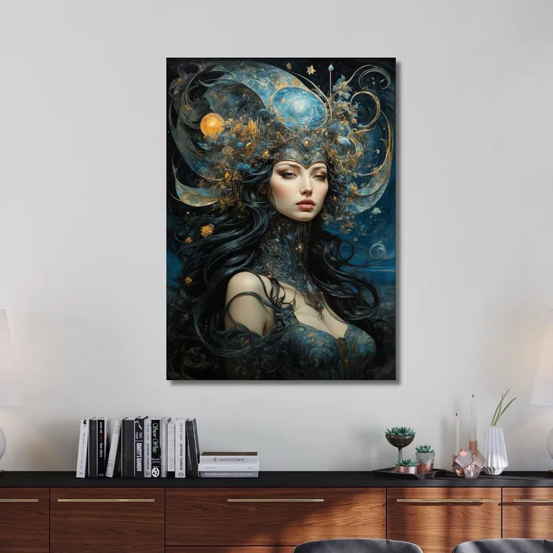 Peinture Femme Couronne Astrale Robe Bleue Et Or Détails Cosmiques Fashion