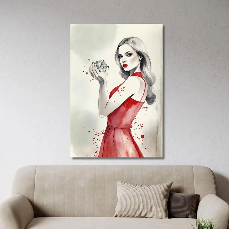 Painting Elegant Woman Red Dress With Diamond Watercolor Drawing Artistic Fashion