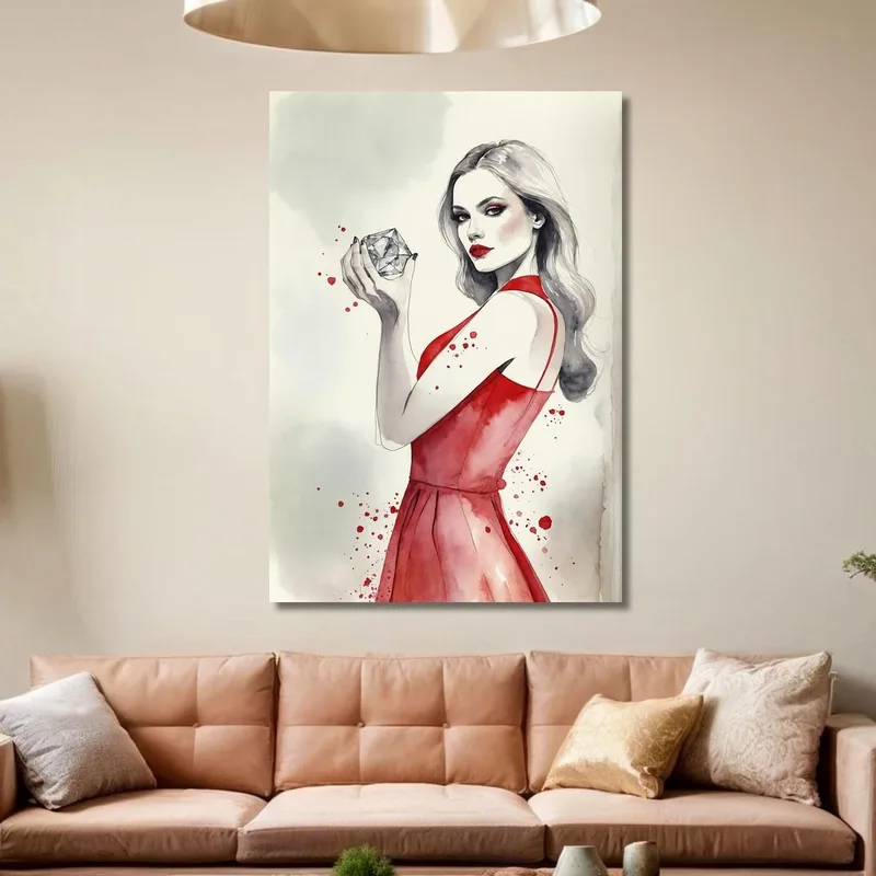 Painting Elegant Woman Red Dress With Diamond Watercolor Drawing Artistic Fashion
