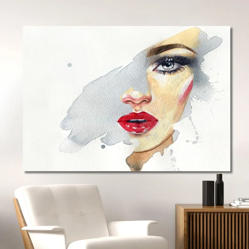 Quadro Donna Elegante Con Labbra Rosse Su Sfondo Acquerello Fashion