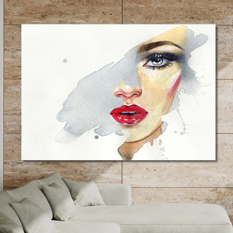 Quadro Donna Elegante Con Labbra Rosse Su Sfondo Acquerello Fashion