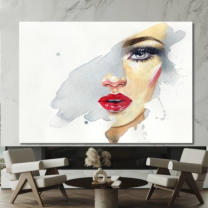 Quadro Donna Elegante Con Labbra Rosse Su Sfondo Acquerello Fashion