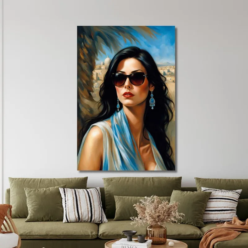 Quadro Donna Elegante Occhiali Neri Sfondo Orientale Fashion