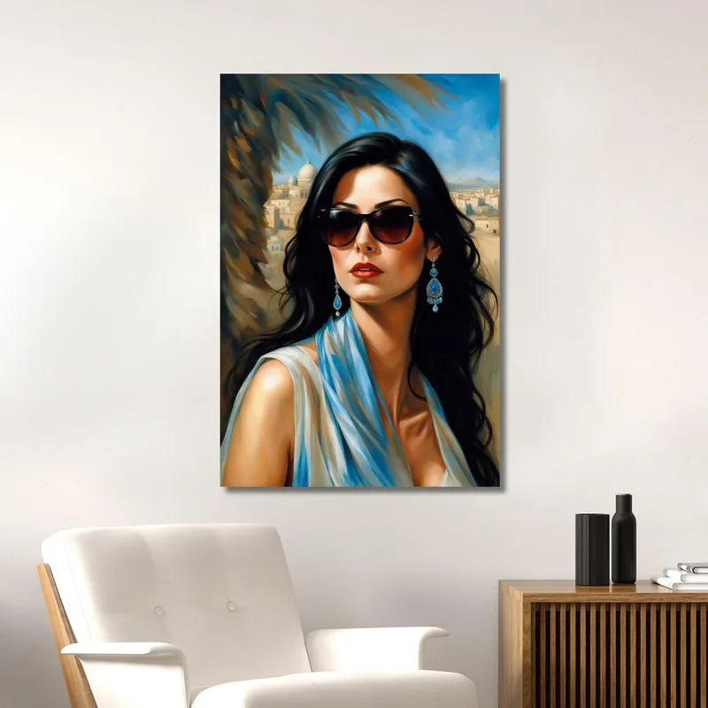Quadro Donna Elegante Occhiali Neri Sfondo Orientale Fashion