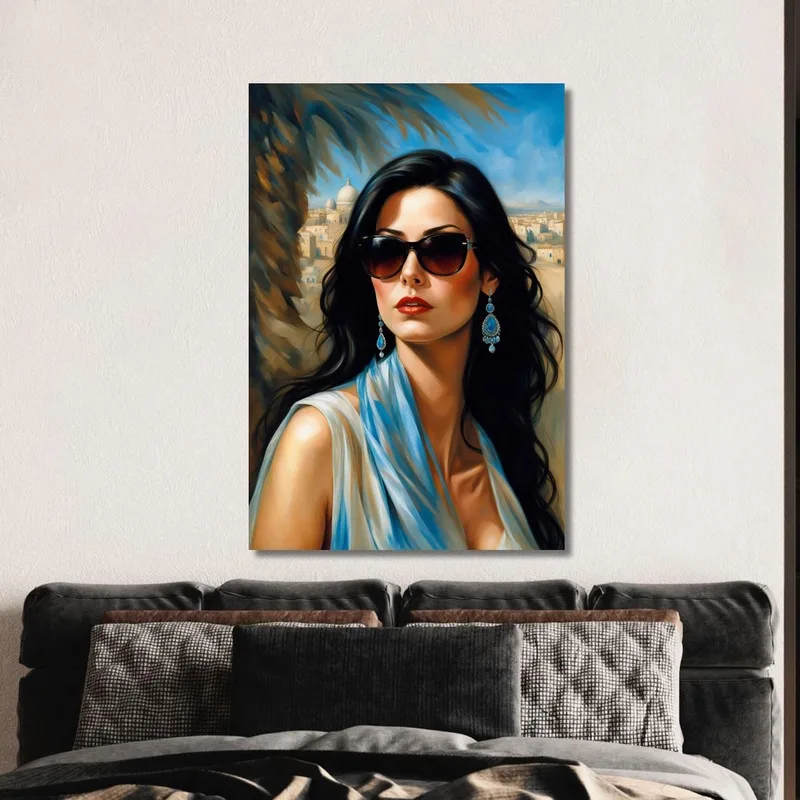 Quadro Donna Elegante Occhiali Neri Sfondo Orientale Fashion