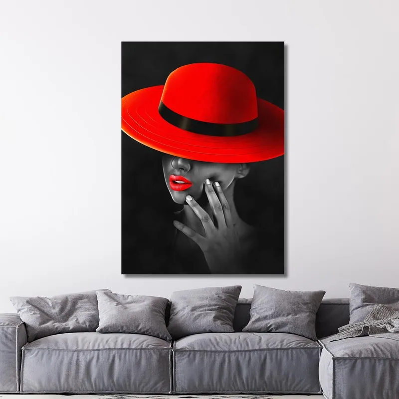 Quadro Donna Elegante Cappello Rosso Labbra Rosse Sfondo Nero Fashion