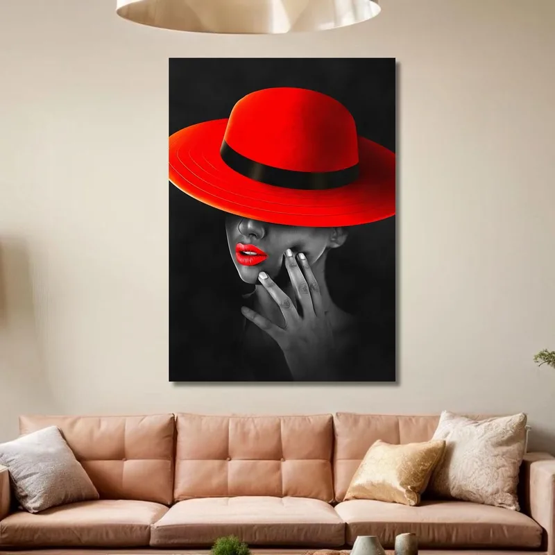 Quadro Donna Elegante Cappello Rosso Labbra Rosse Sfondo Nero Fashion