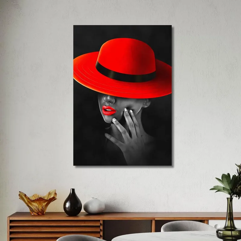 Quadro Donna Elegante Cappello Rosso Labbra Rosse Sfondo Nero Fashion