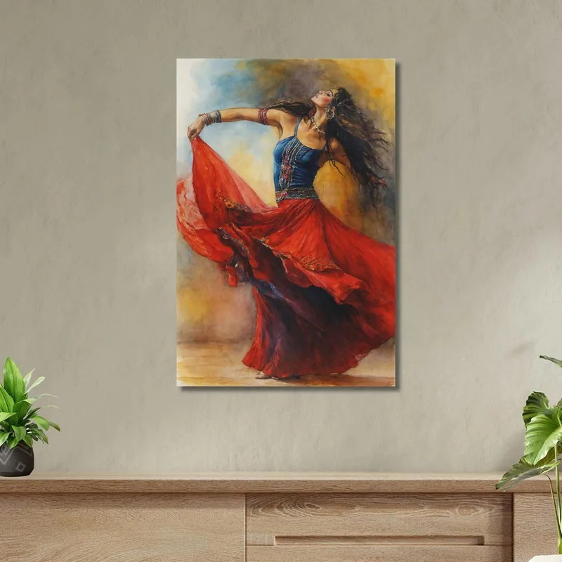 Peinture D'Une Gitane Dansante Avec Une Robe Rouge Fashion