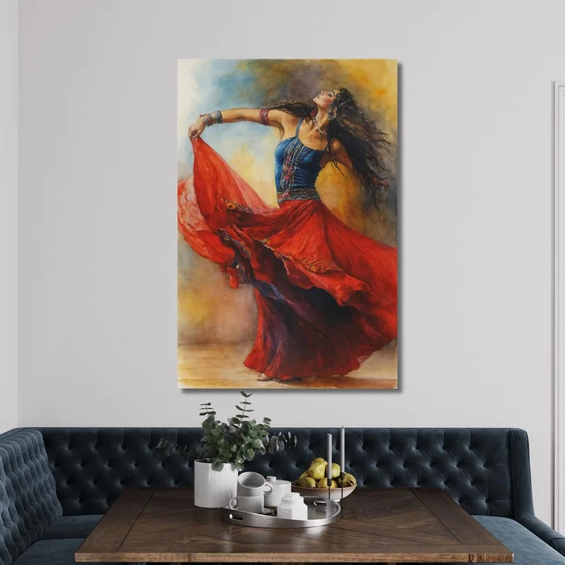 Peinture D'Une Gitane Dansante Avec Une Robe Rouge Fashion