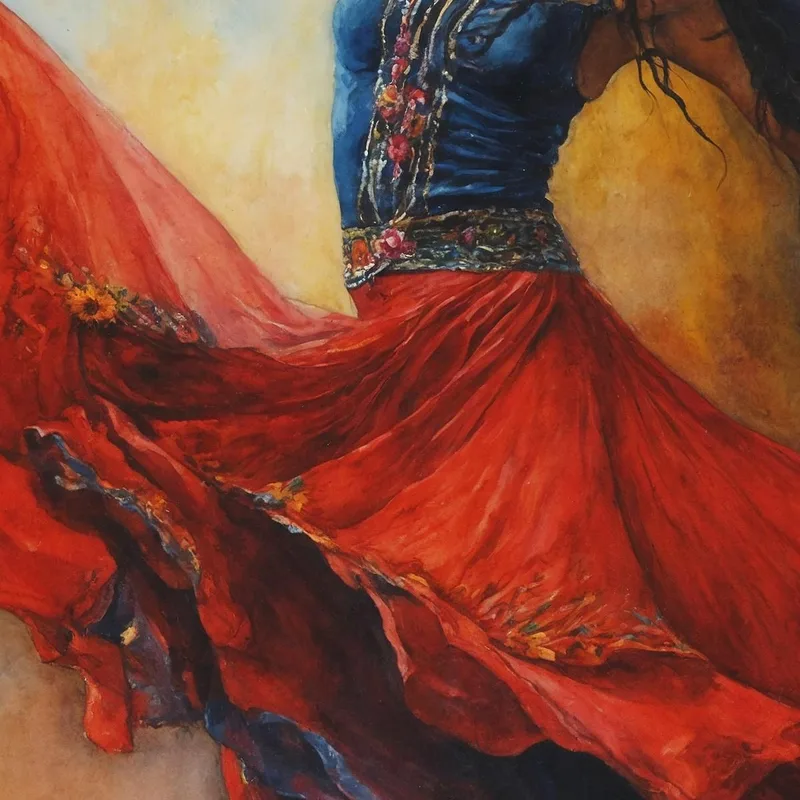 Peinture D'Une Gitane Dansante Avec Une Robe Rouge Fashion