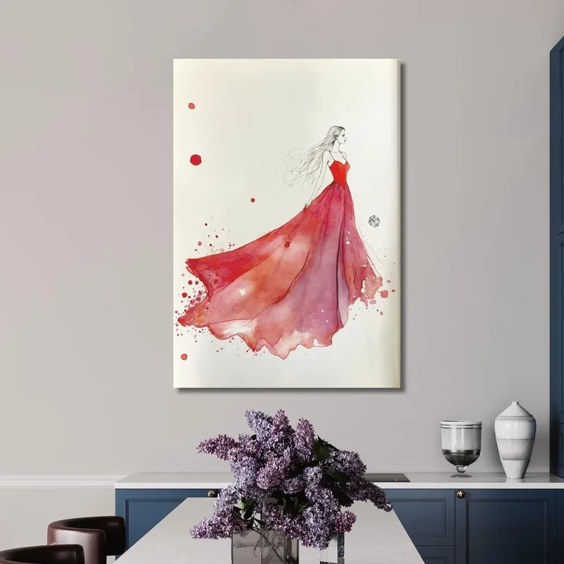 Pintura Mujer Ilustración Minimalista Vestido Rojo Fashion
