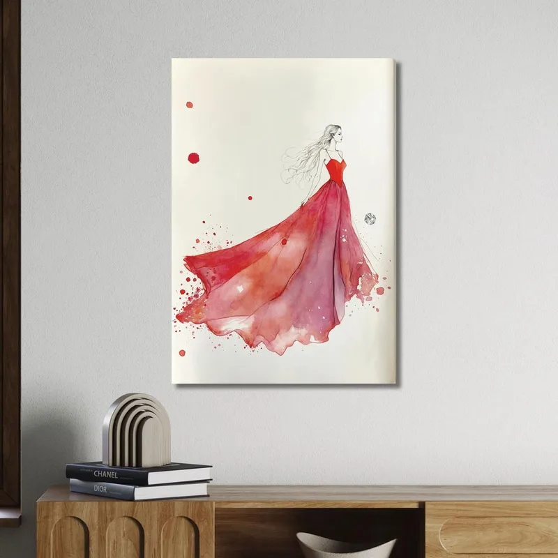 Pintura Mujer Ilustración Minimalista Vestido Rojo Fashion