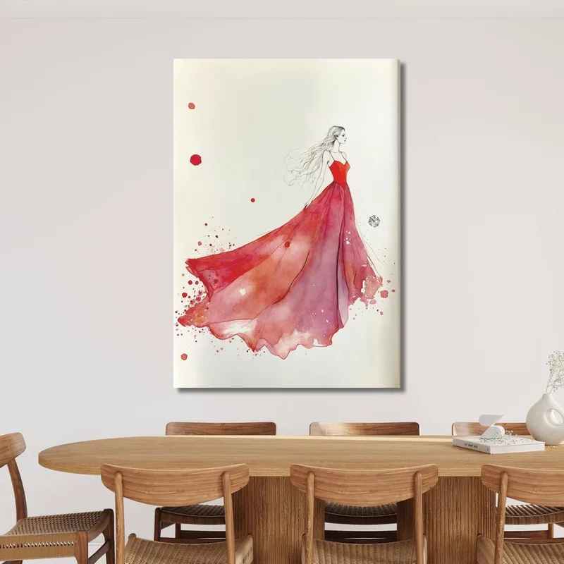 Pintura Mujer Ilustración Minimalista Vestido Rojo Fashion