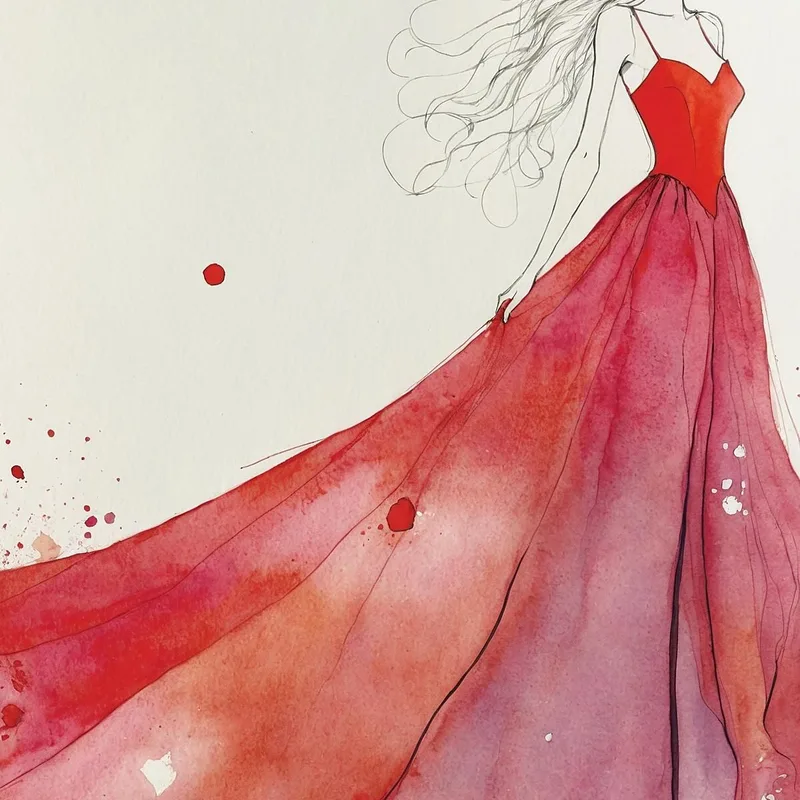 Pintura Mujer Ilustración Minimalista Vestido Rojo Fashion