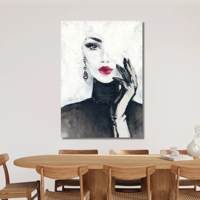 Retrato De Mujer Glamorosa En Blanco Y Negro Con Labios Rojos Fashion