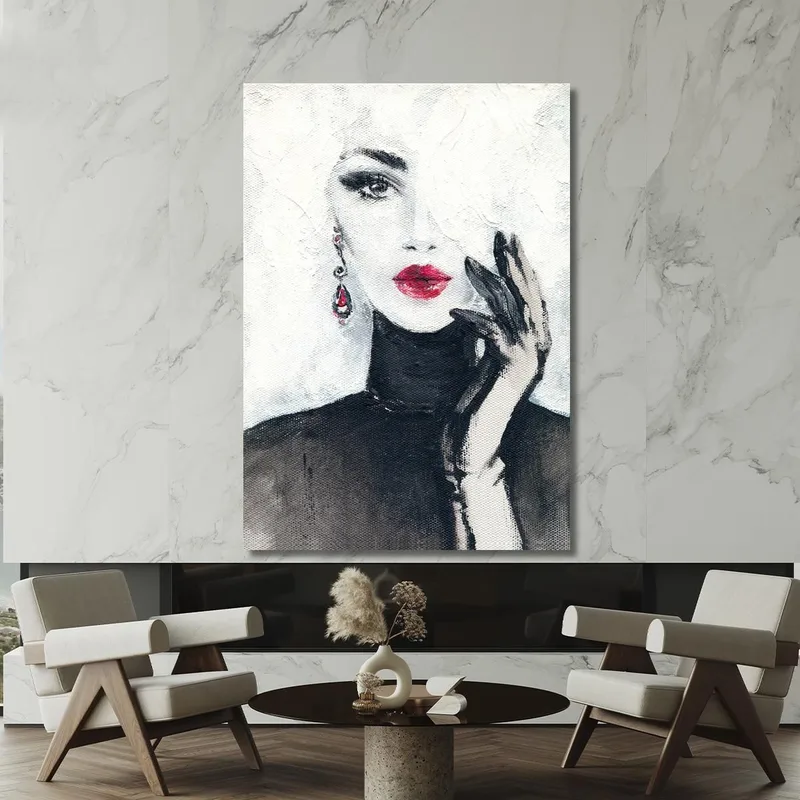 Retrato De Mujer Glamorosa En Blanco Y Negro Con Labios Rojos Fashion