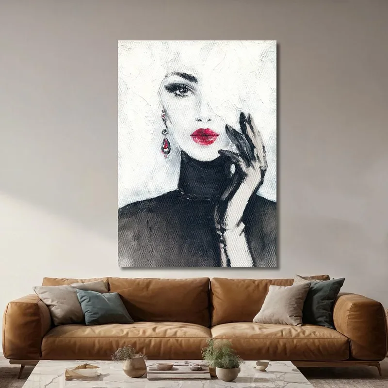 Retrato De Mujer Glamorosa En Blanco Y Negro Con Labios Rojos Fashion