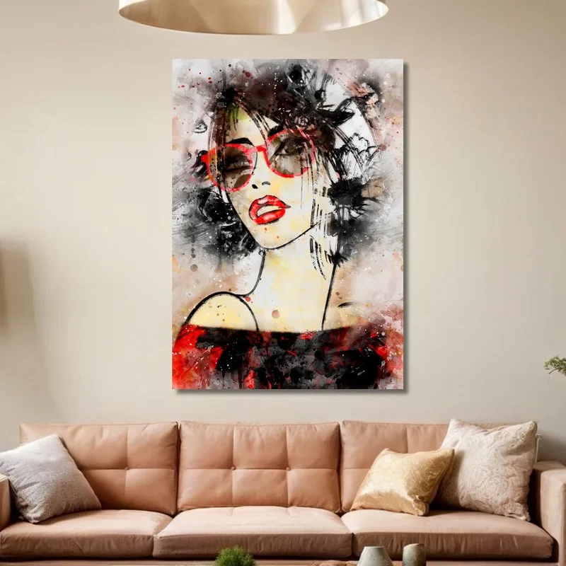 Peinture Moderne De Femme De Portrait Avec L'Aquarelle De Lunettes Rouges Fashion