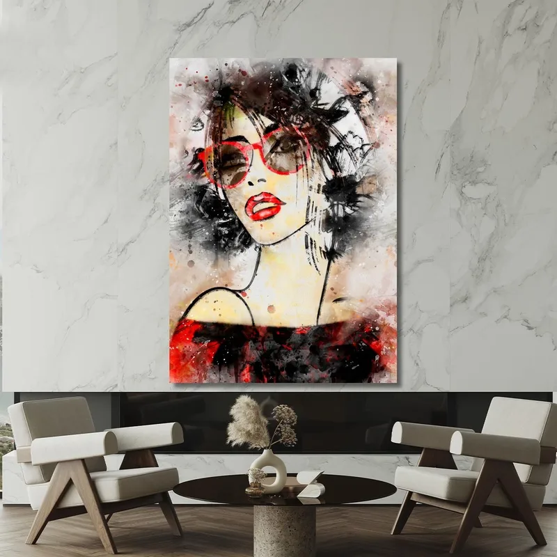 Peinture Moderne De Femme De Portrait Avec L'Aquarelle De Lunettes Rouges Fashion