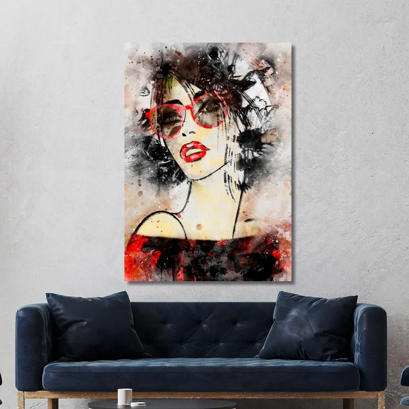 Peinture Moderne De Femme De Portrait Avec L'Aquarelle De Lunettes Rouges Fashion