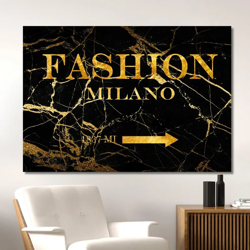 Quadro Fashion Milano Sfondo Marmo Nero E Oro Fashion