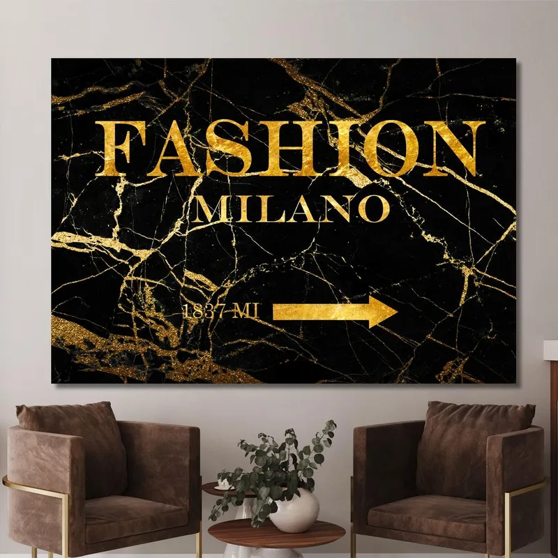 Quadro Fashion Milano Sfondo Marmo Nero E Oro Fashion