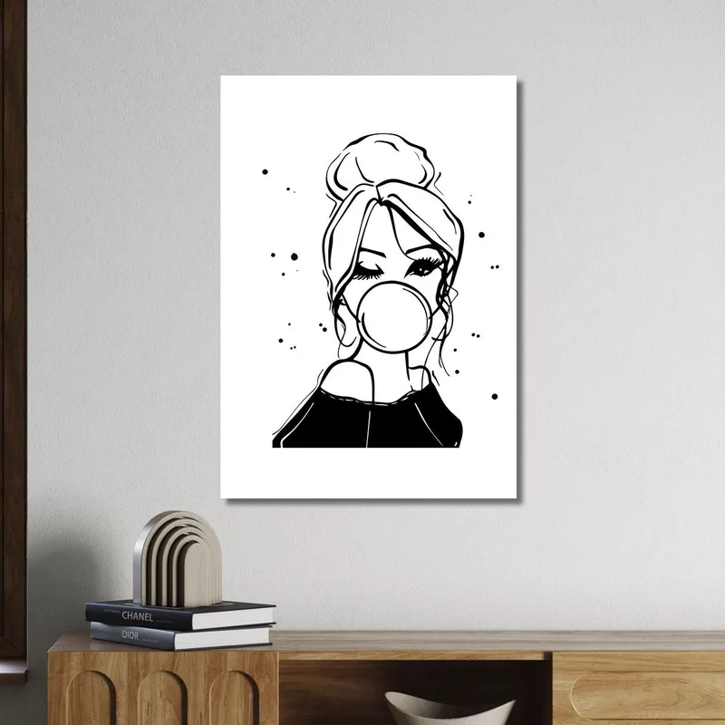 Pintura De Moda De Una Chica Con Chicle En Blanco Y Negro Fashion