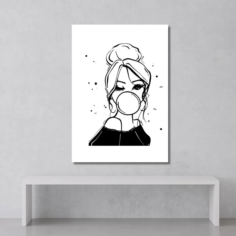 Pintura De Moda De Una Chica Con Chicle En Blanco Y Negro Fashion