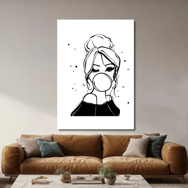 Pintura De Moda De Una Chica Con Chicle En Blanco Y Negro Fashion