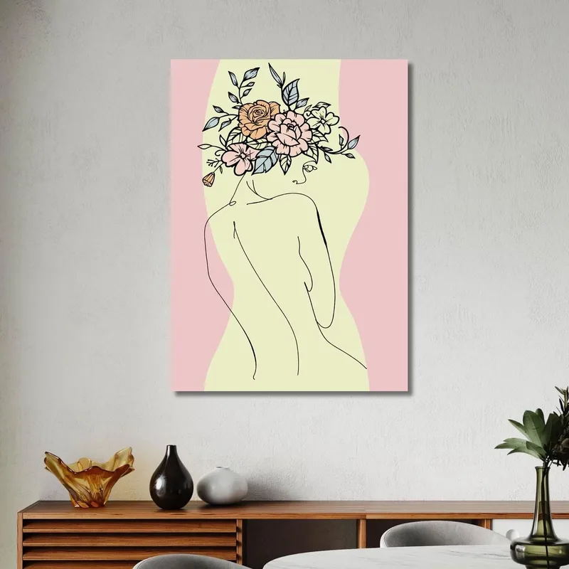 Quadro Minimal Figura Femminile Con Bouquet Floreale Astratto Fashion