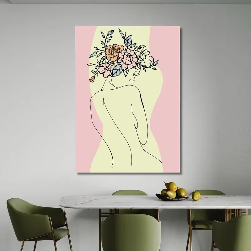 Quadro Minimal Figura Femminile Con Bouquet Floreale Astratto Fashion
