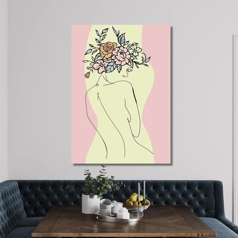 Quadro Minimal Figura Femminile Con Bouquet Floreale Astratto Fashion