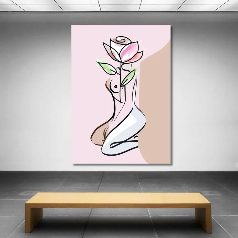 Cuadro Minimalista De Mujer Flor Rosa. Fashion
