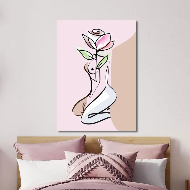 Cuadro Minimalista De Mujer Flor Rosa. Fashion
