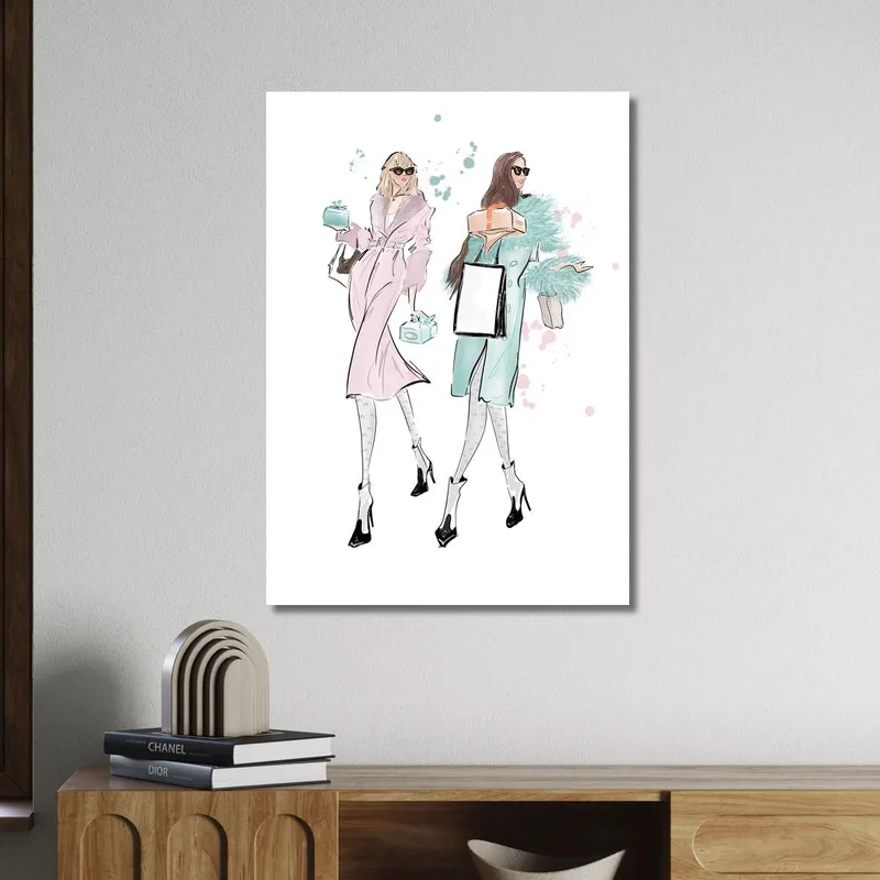 Cuadro De Moda Femenina Con Dos Niñas Y Paquetes De Regalo. Fashion