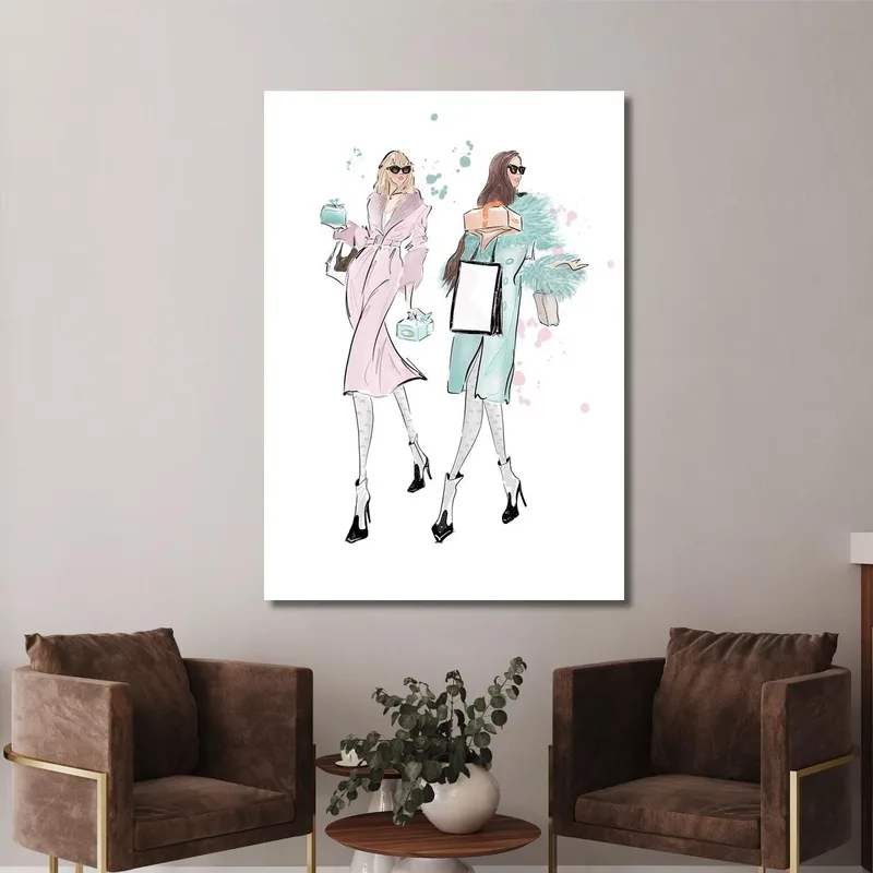 Cuadro De Moda Femenina Con Dos Niñas Y Paquetes De Regalo. Fashion
