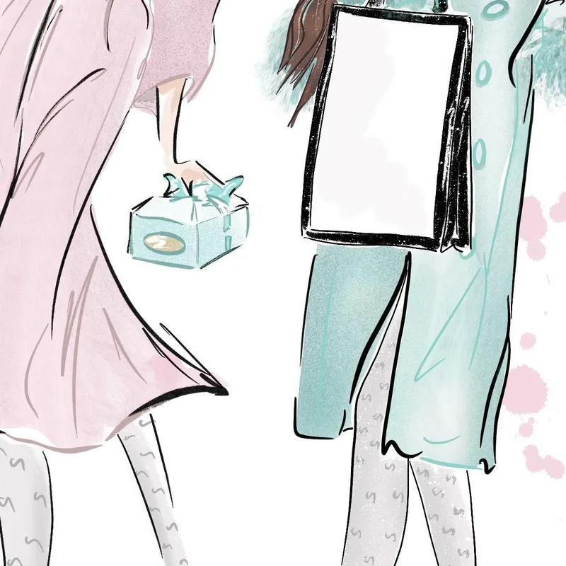 Cuadro De Moda Femenina Con Dos Niñas Y Paquetes De Regalo. Fashion