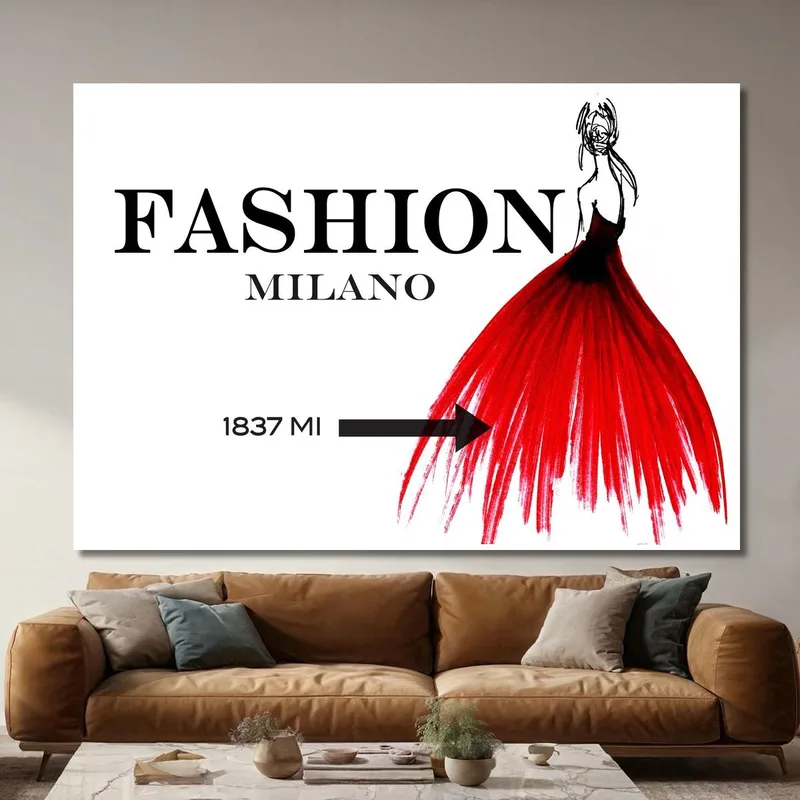 Milan Fashion Painting Sketch Red Dress Elegant Woman Fashion