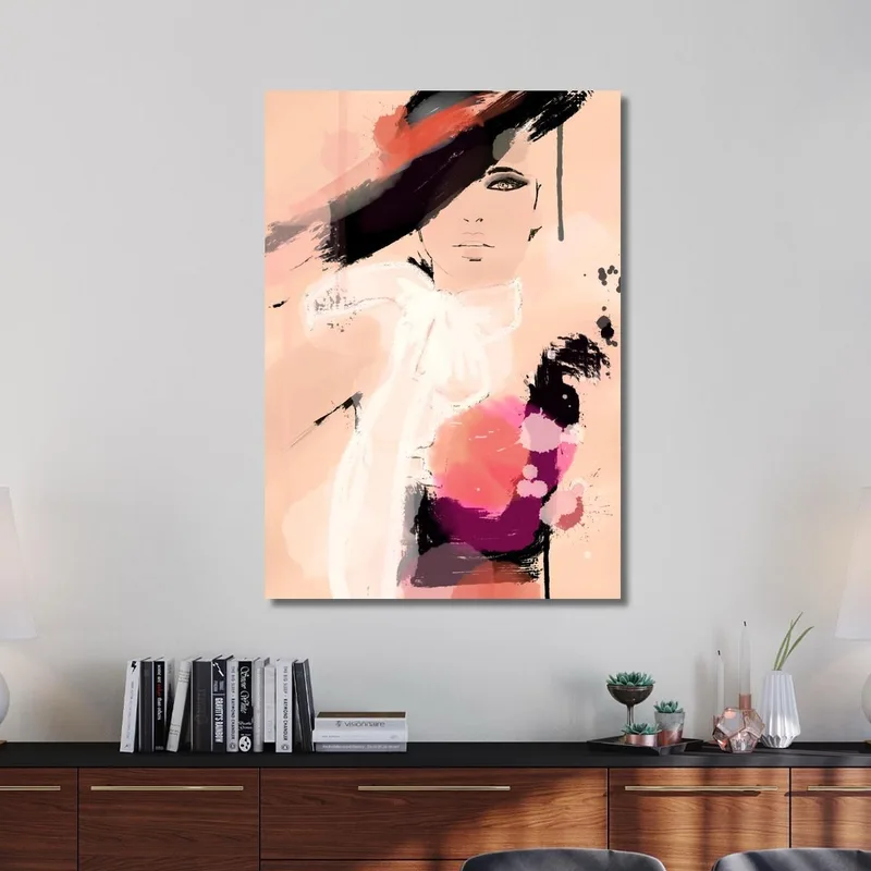 Quadro Ritratto Astratto Donna Rosa E Nero Su Sfondo Chiaro Fashion