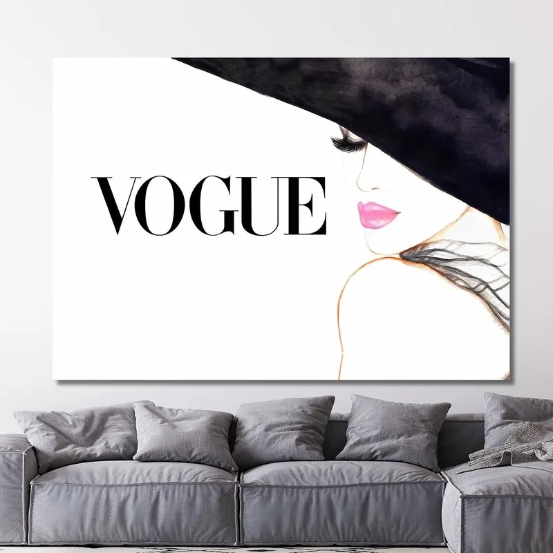 Retrato De Mujer Elegante Pintado Con Sombrero Negro Vogue Fashion