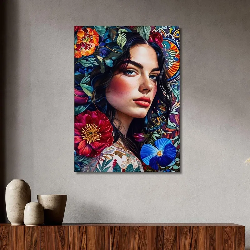 Portrait Peinture Femme Yeux Bleus Fleurs Lumineuses Décoratives Fashion