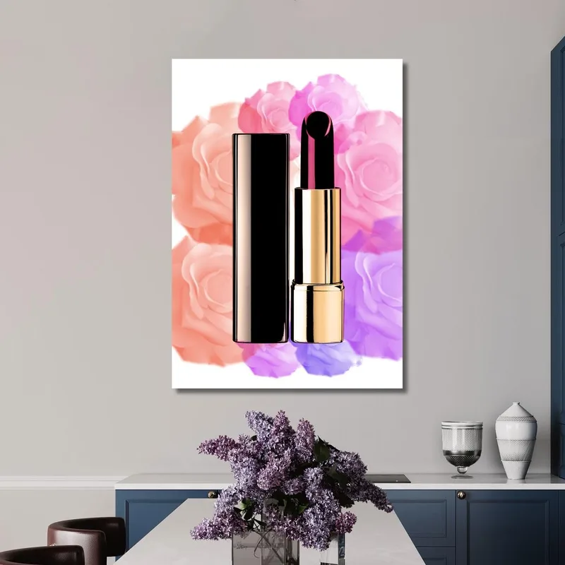 Quadro Rossetto Dorato Su Sfondo Floreale Rosa E Viola Fashion