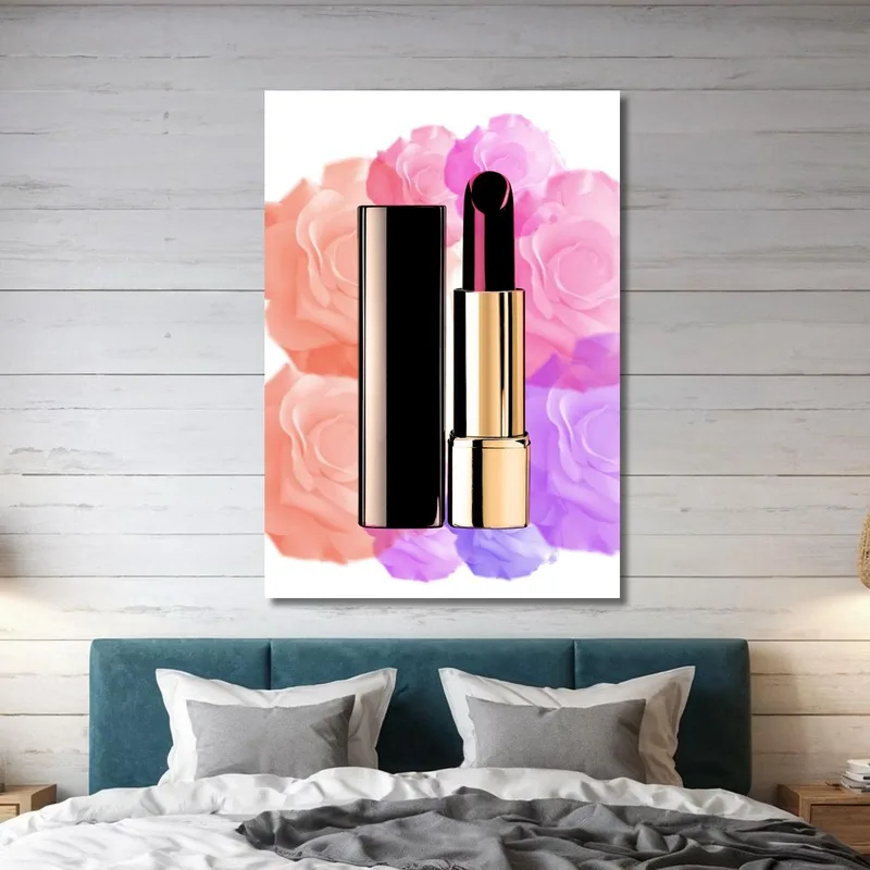 Quadro Rossetto Dorato Su Sfondo Floreale Rosa E Viola Fashion