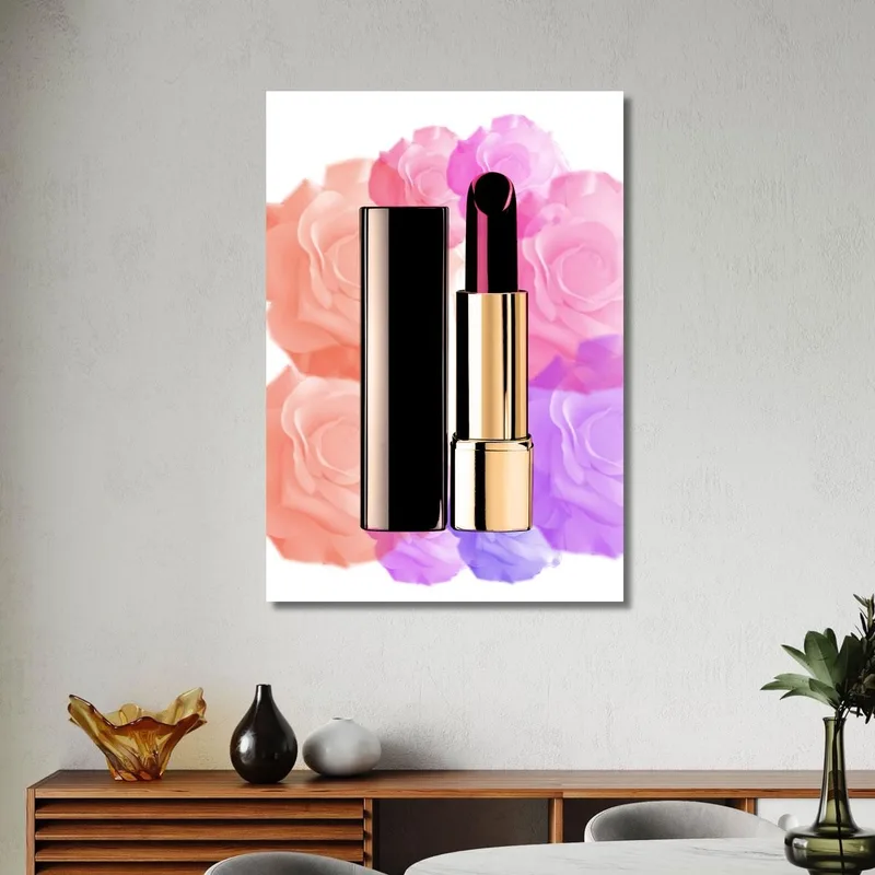 Quadro Rossetto Dorato Su Sfondo Floreale Rosa E Viola Fashion
