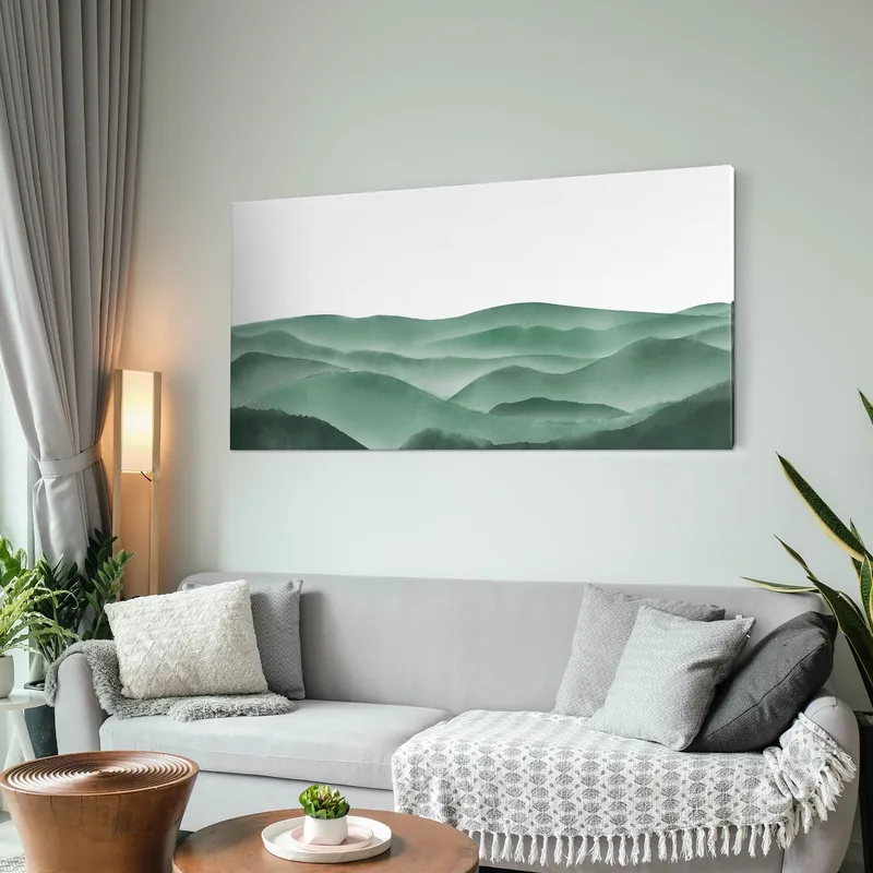 Abstrakte Landschaftsmalerei. Minimalistische Grüne Neblige Berglandschaft