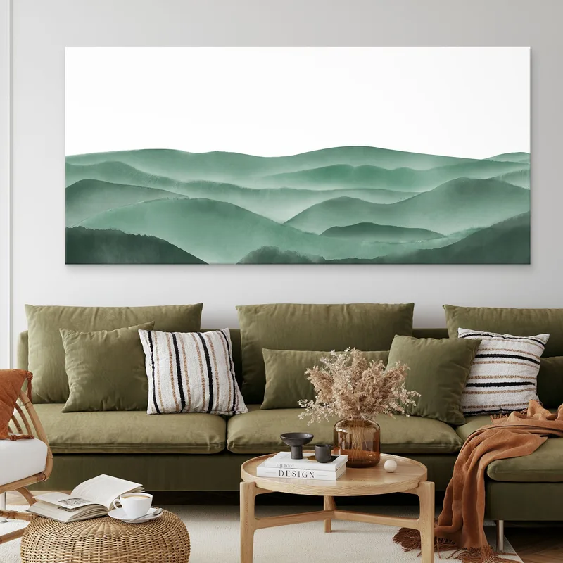 Abstrakte Landschaftsmalerei. Minimalistische Grüne Neblige Berglandschaft