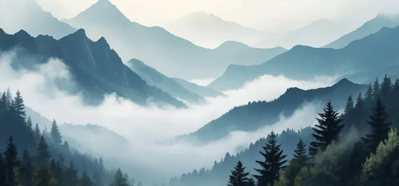Abstract Landscape Painting Foggy Mountainous Landscape Art Serene Blue And Gray Landscape