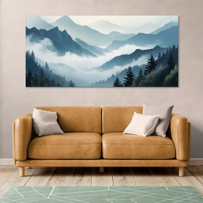 Abstract Landscape Painting Foggy Mountainous Landscape Art Serene Blue And Gray Landscape