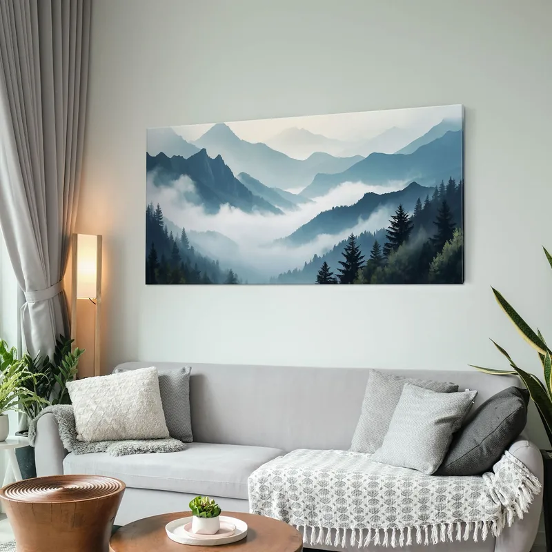 Abstract Landscape Painting Foggy Mountainous Landscape Art Serene Blue And Gray Landscape